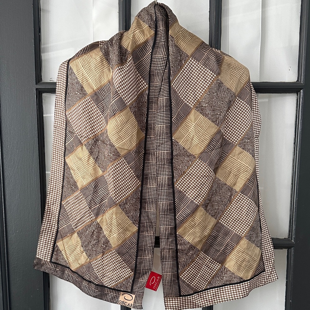 Vintage Oscar de la Renta silk Brown and Tan Checkered Scarf
